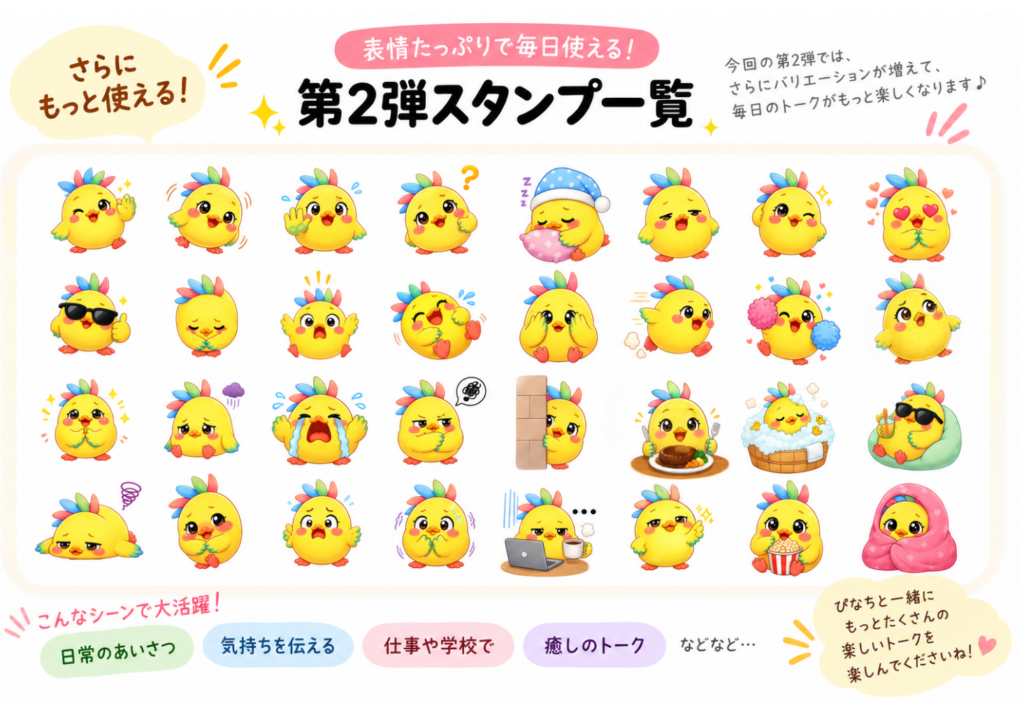 ぴなちのセリフなしLINEスタンプ第2弾32個一覧